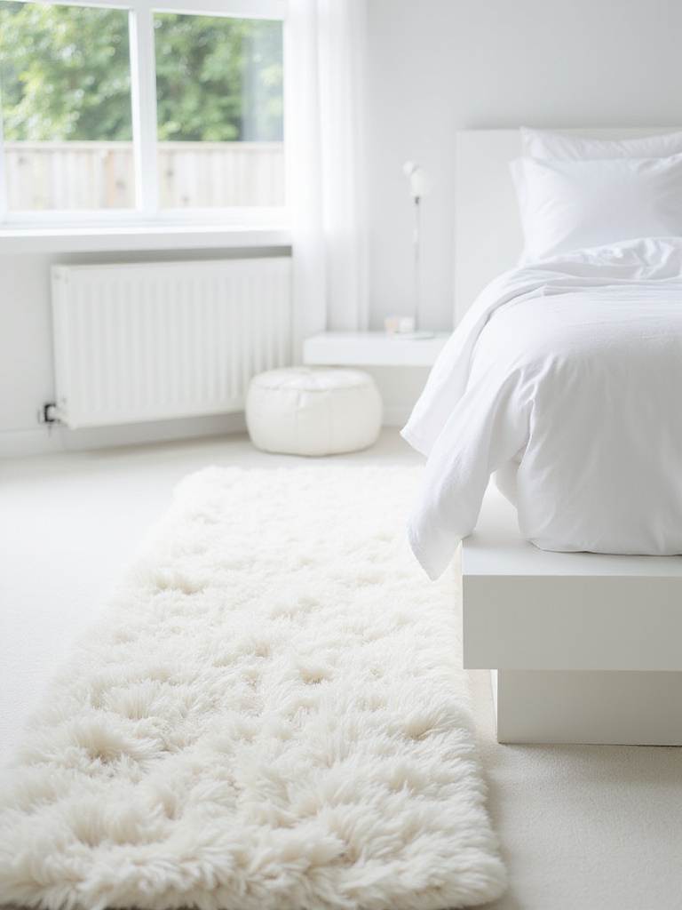 Fluffy white rug adding texture and warmth to a serene white bedroom.