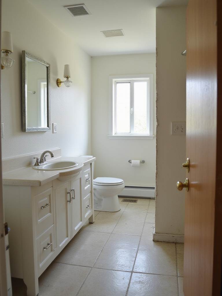 Partially renovated bathroom showing a newly updated vanity area alongside older fixtures, illustrating a phased renovation approach.