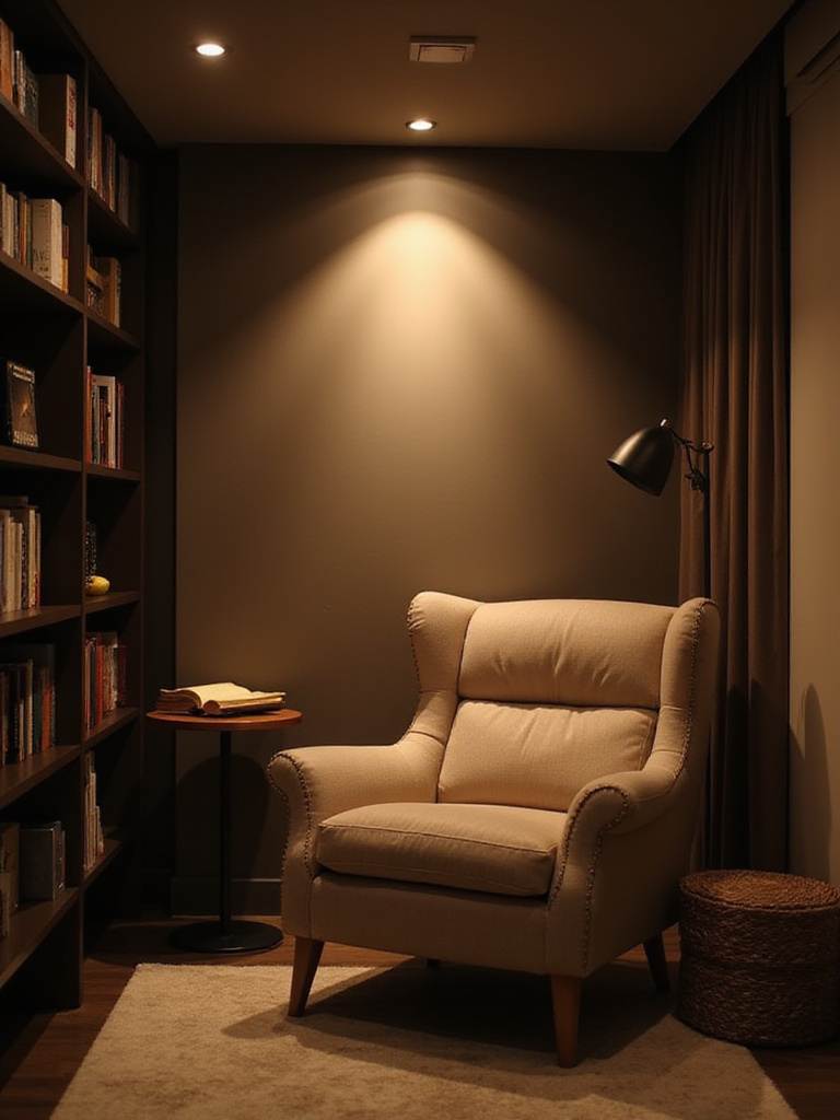 Modern living room reading nook illuminated by a focused downlight.