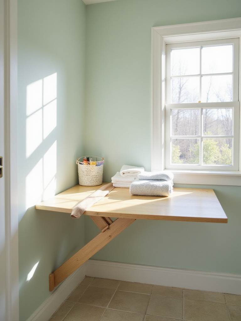 Bright and organized laundry room featuring a stylish wall-mounted folding table with folded laundry.