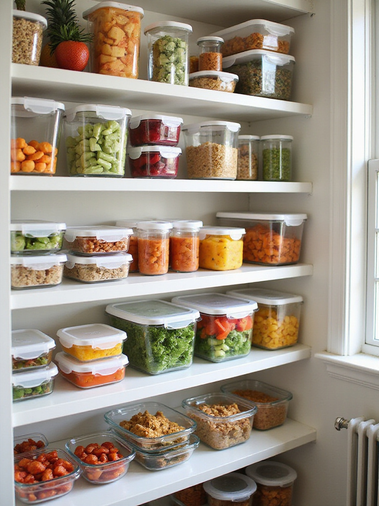 Organized pantry shelves with various food storage containers filled with meal prep ingredients and leftovers.