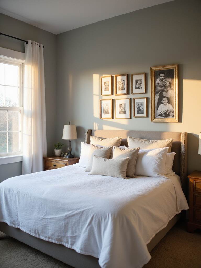 Farmhouse bedroom with gallery wall of family photos in vintage frames.