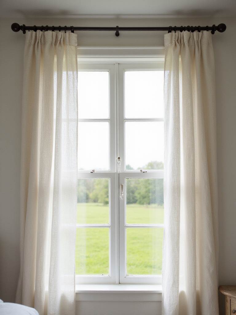 Farmhouse bedroom with linen curtains and natural light streaming through the window