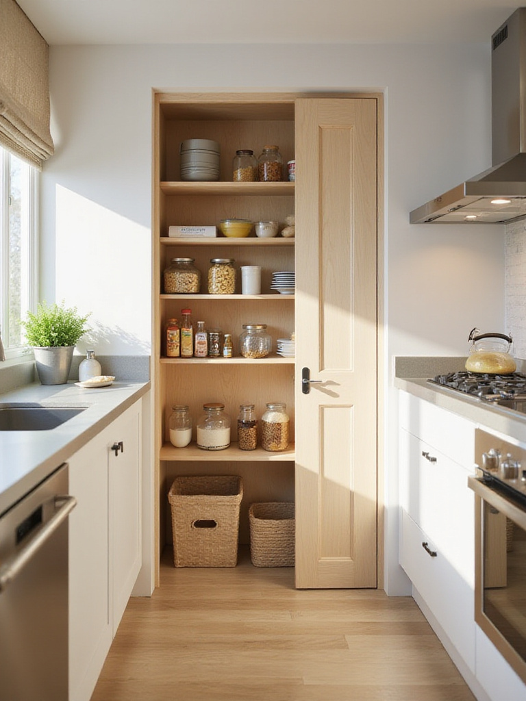 Freestanding kitchen pantry providing instant storage in a modern kitchen.