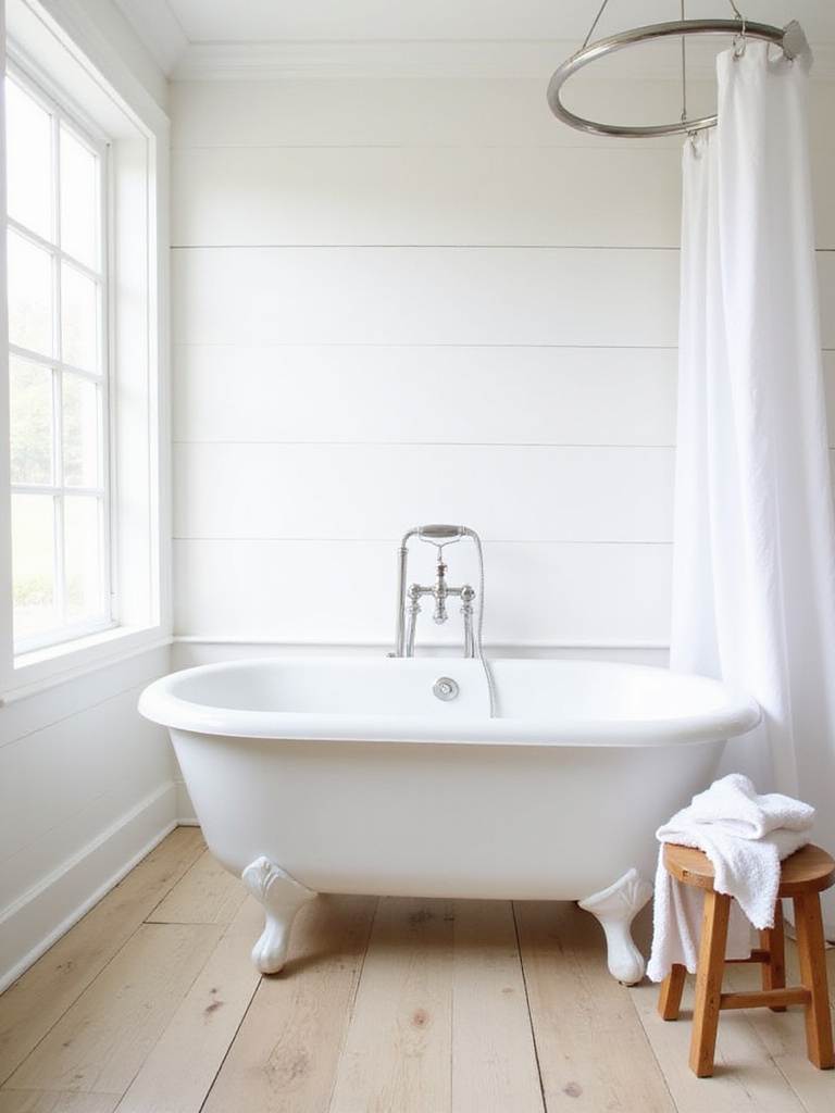 Farmhouse bathroom with white clawfoot tub and natural light