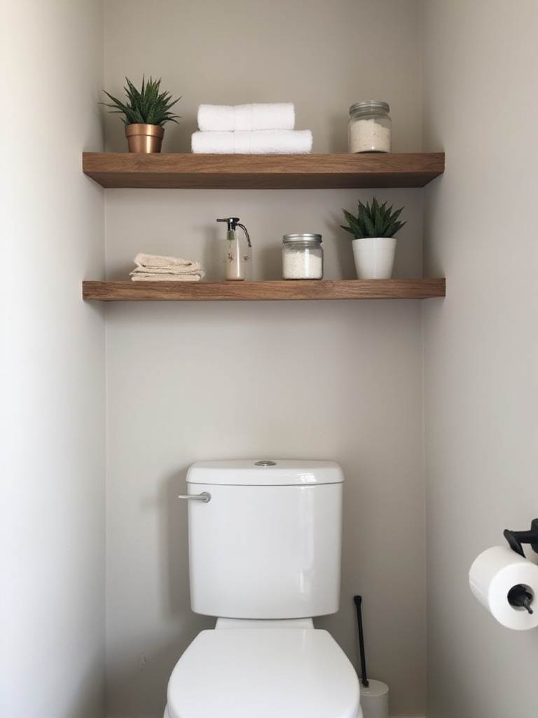 Organized bathroom with wooden over-toilet shelving unit holding towels, plants, and bath accessories.