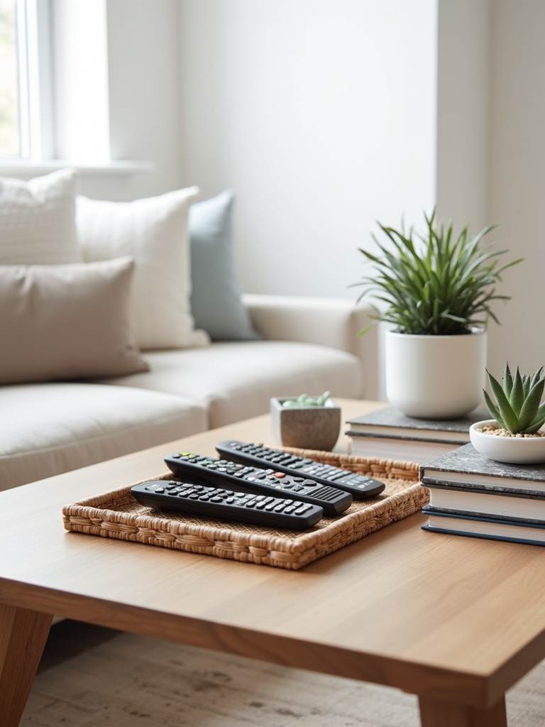 Coffee table styling: blending function with decorative elements like a tray, remotes, coasters, books, and a succulent.