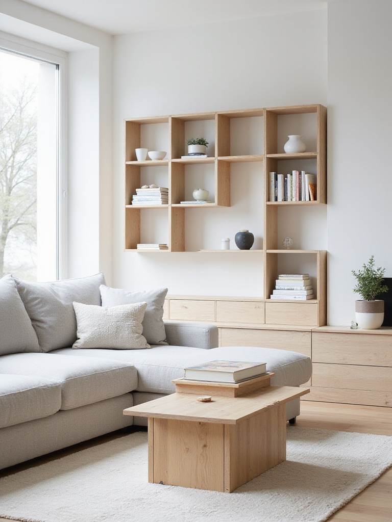 Scandinavian living room with functional sofa, coffee table, and modular shelving.