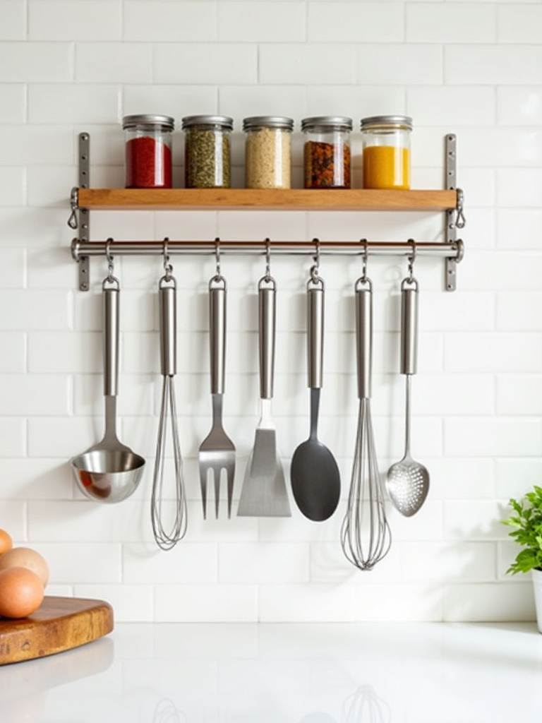 Functional utensil rack on kitchen wall with spices above
