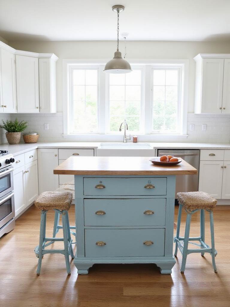 Vintage dresser repurposed as a kitchen island in a modern farmhouse kitchen.