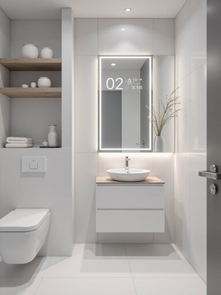 Modern bathroom with smart mirror and toilet showcasing smart home technology