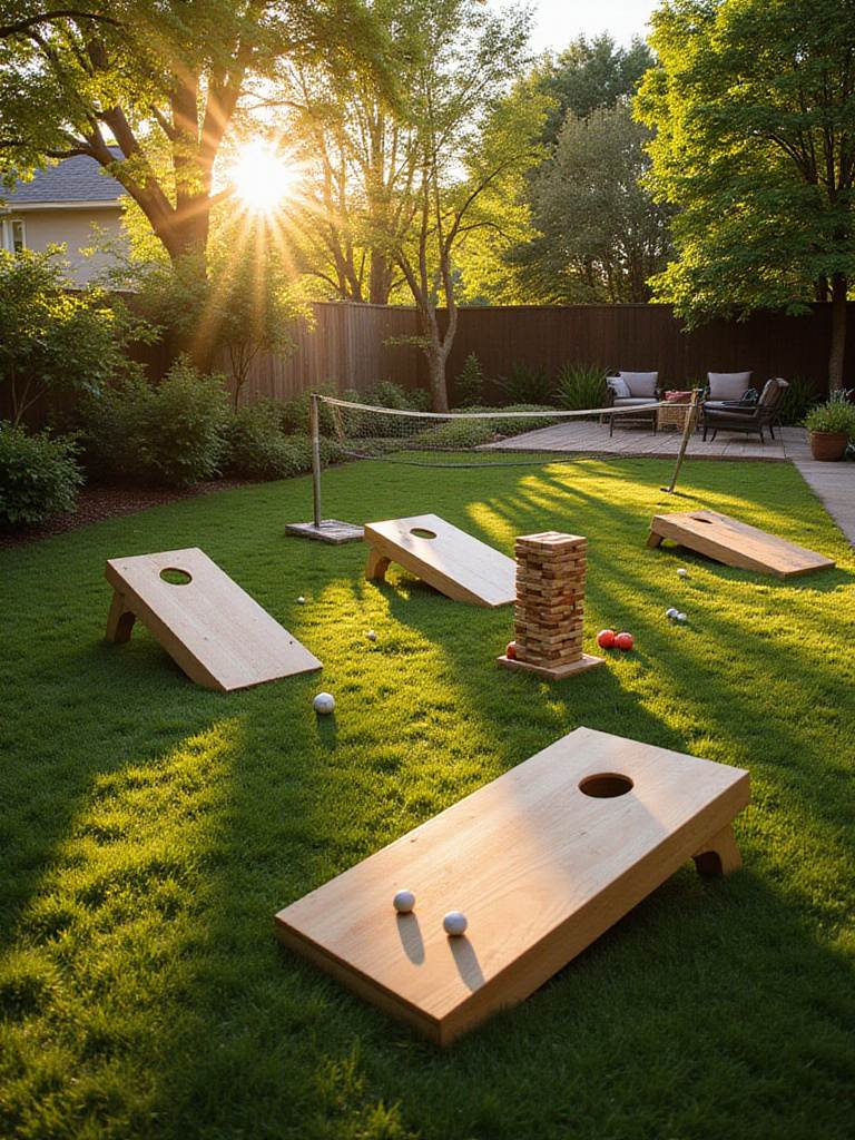 Backyard game zone with cornhole, giant Jenga, and badminton setup