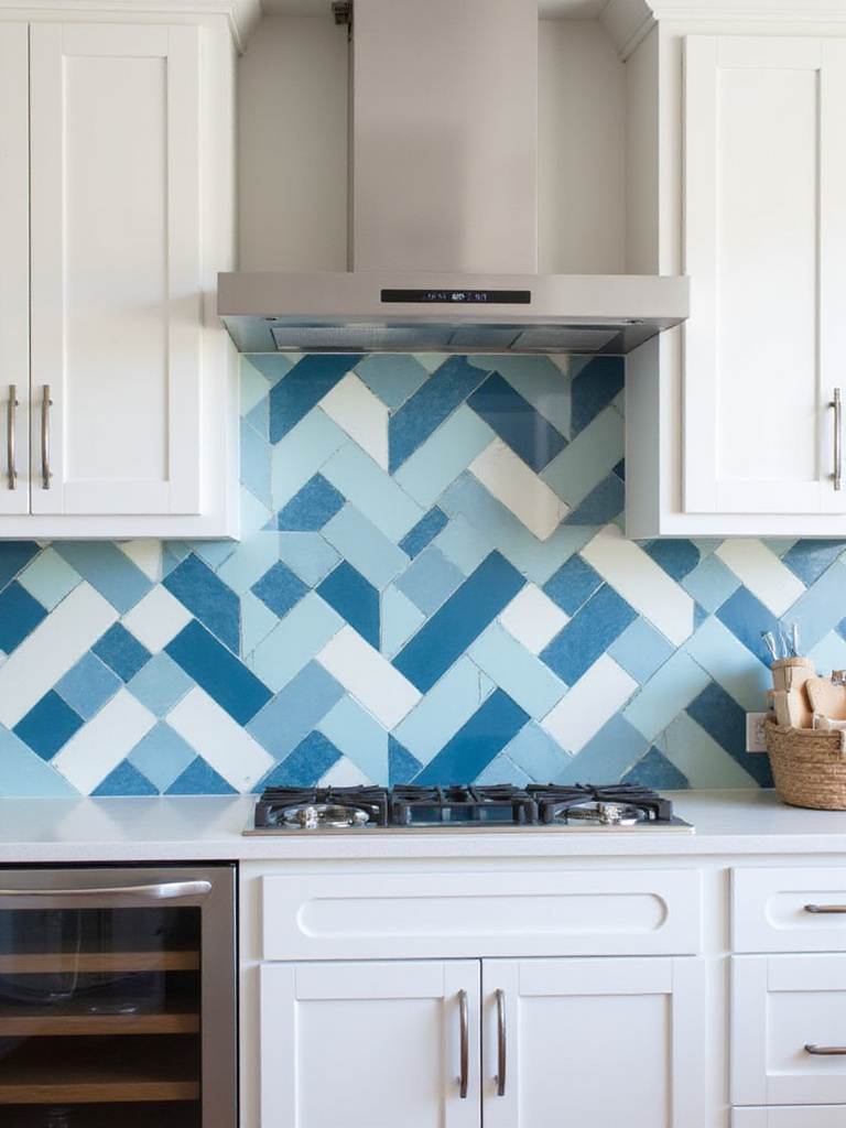 Modern kitchen backsplash featuring bold geometric pattern in blue and white glass tiles.