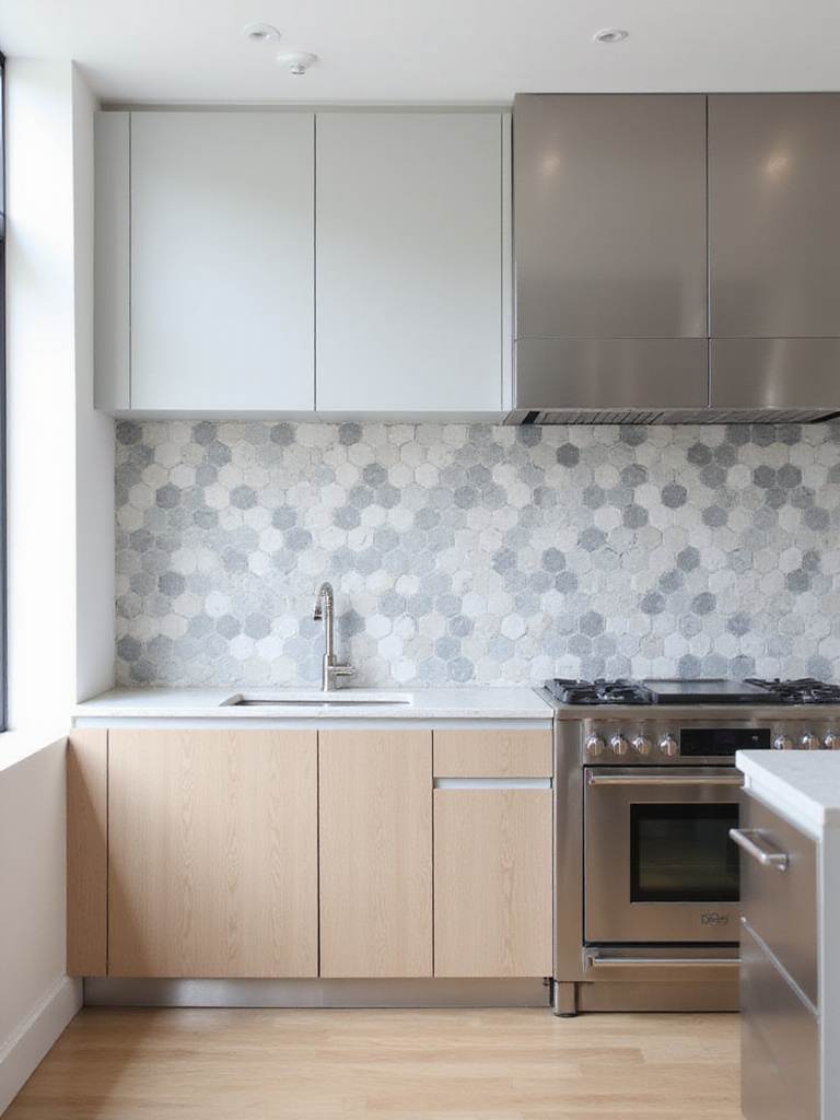Modern kitchen backsplash with geometric hexagon tiles in grey and white.