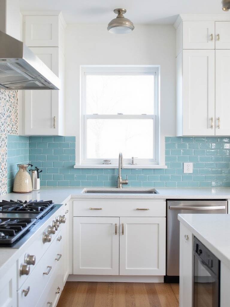 Small kitchen remodel with light blue subway tile and patterned encaustic tile backsplash.