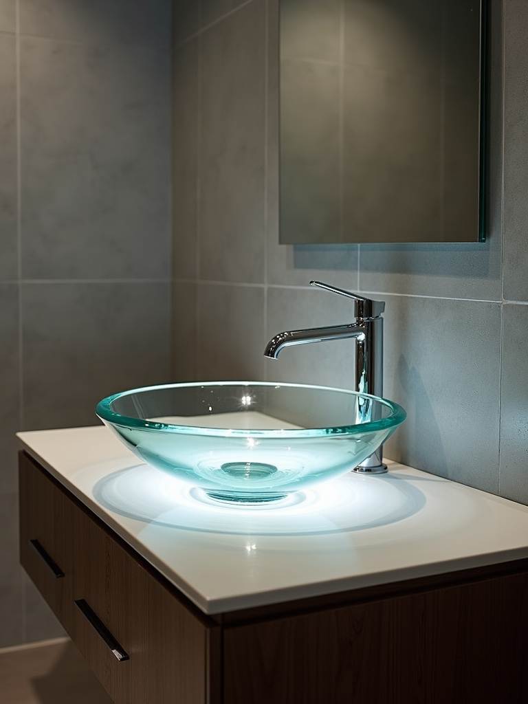 Modern bathroom with a clear glass vessel sink and illuminated base.