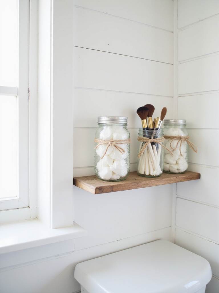 Farmhouse bathroom with mason jar organizers on a reclaimed wood shelf