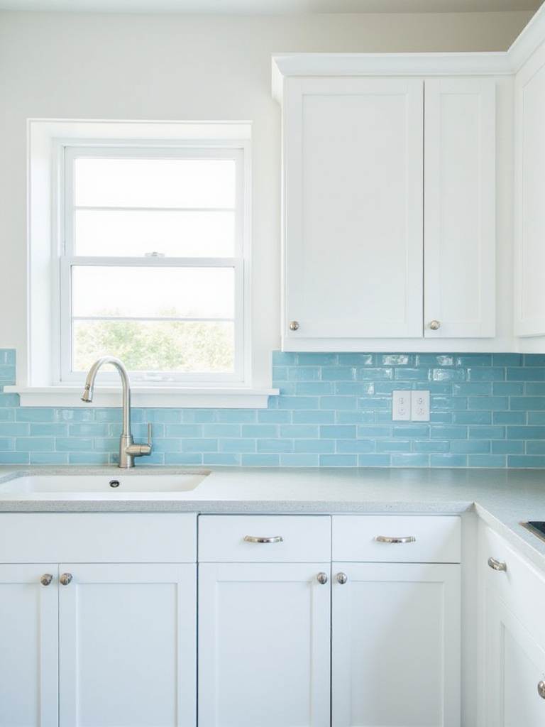 Light blue glass tile backsplash in a bright, modern kitchen, reflecting natural light.