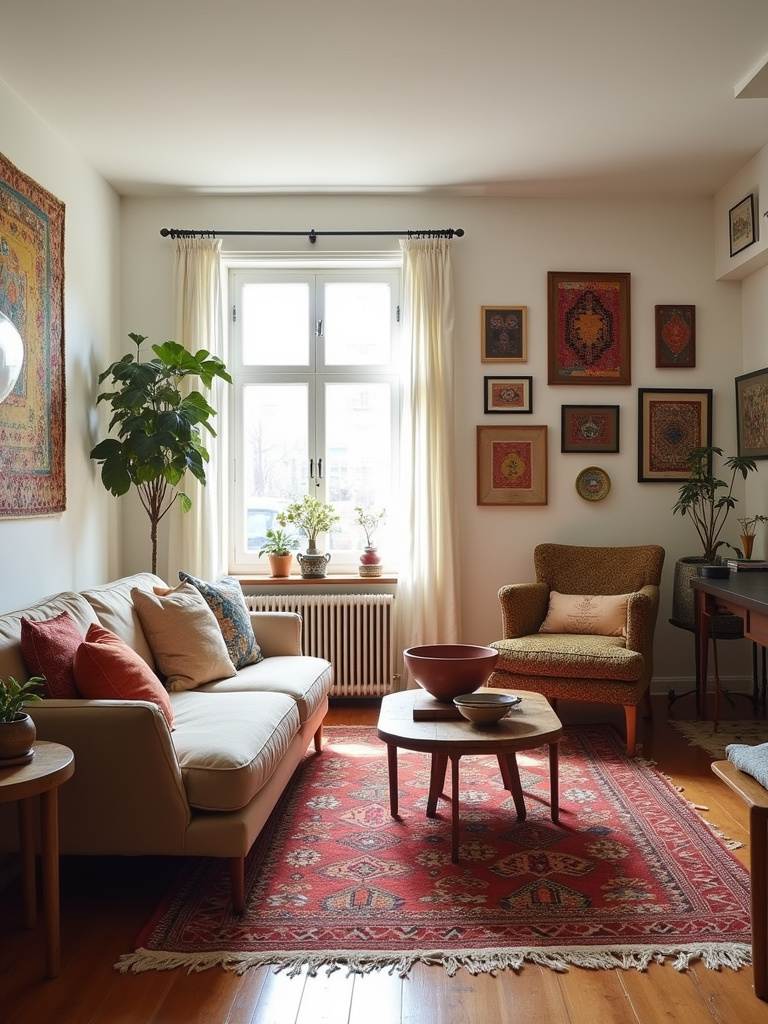 Eclectic living room with global decor, featuring Moroccan rug, Turkish Kilim rug, and textile gallery wall.