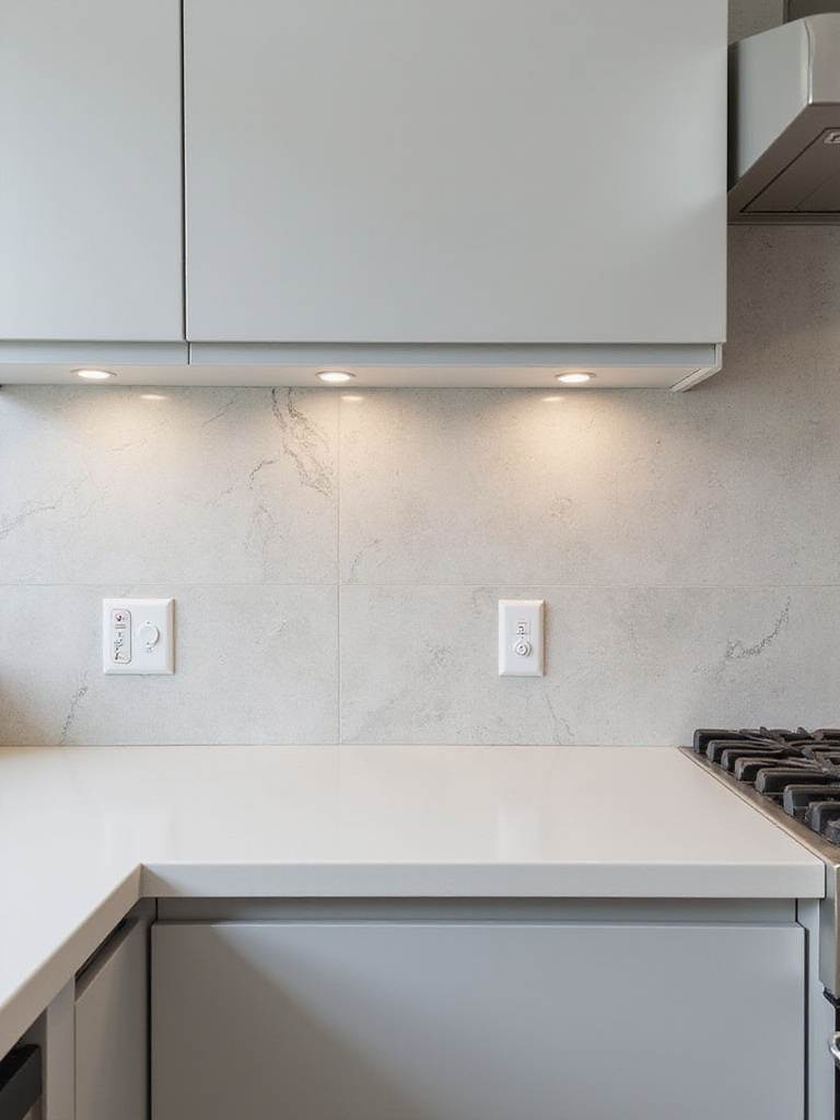 Modern kitchen with large format light gray porcelain backsplash
