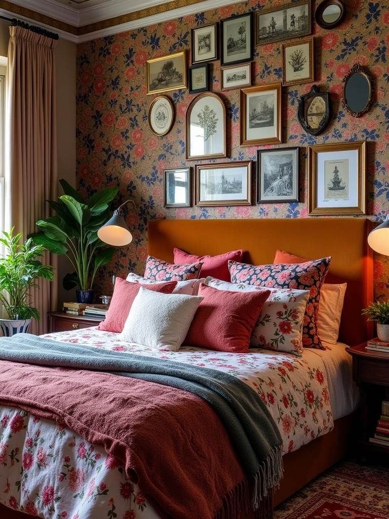 Maximalist bedroom with floral wallpaper, velvet headboard, and eclectic gallery wall.