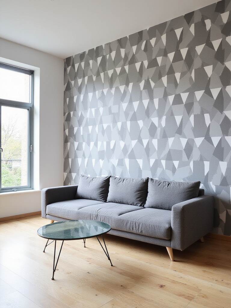 Modern living room with geometric triangle wallpaper in gray and white