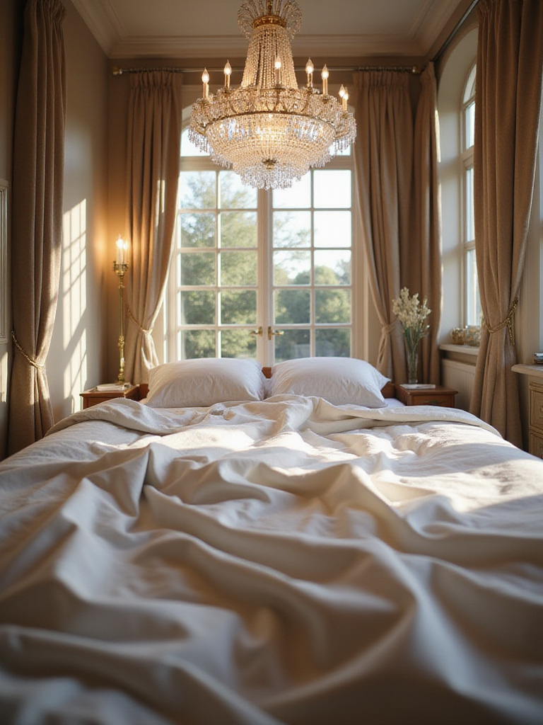 Elegant bedroom with statement crystal chandelier as a centerpiece.