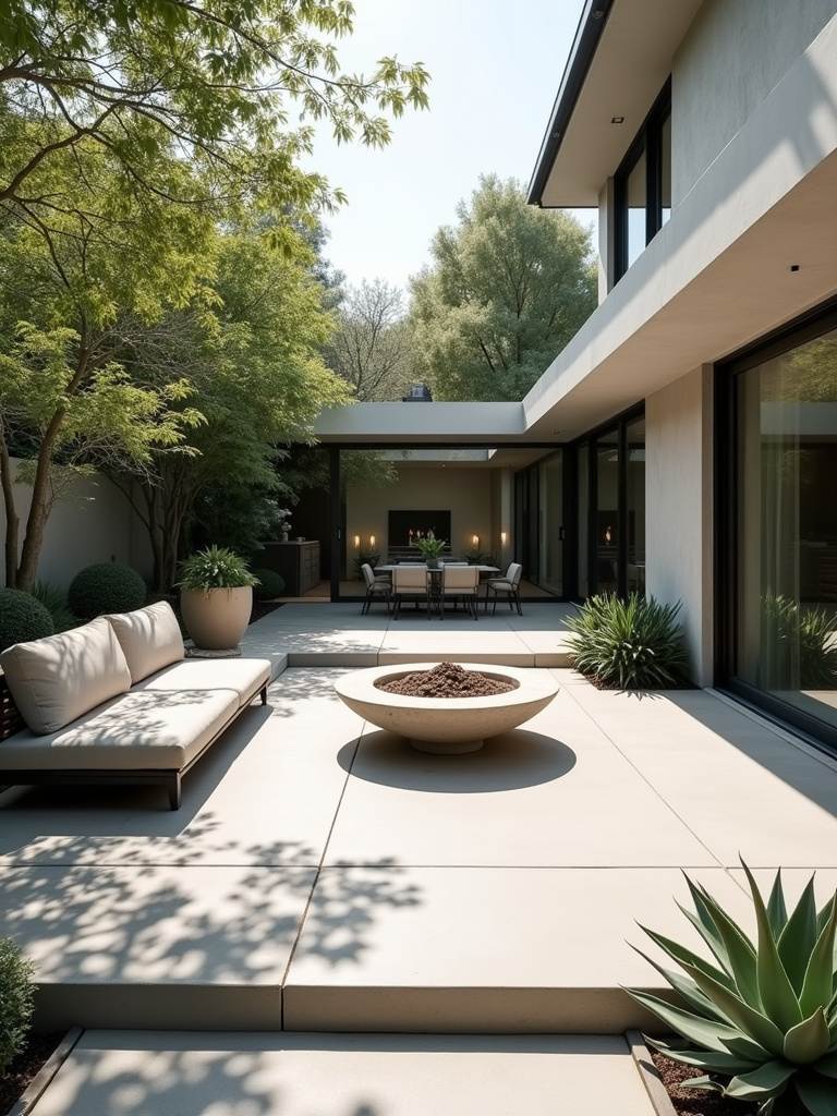 Modern minimalist backyard patio with sleek concrete design.