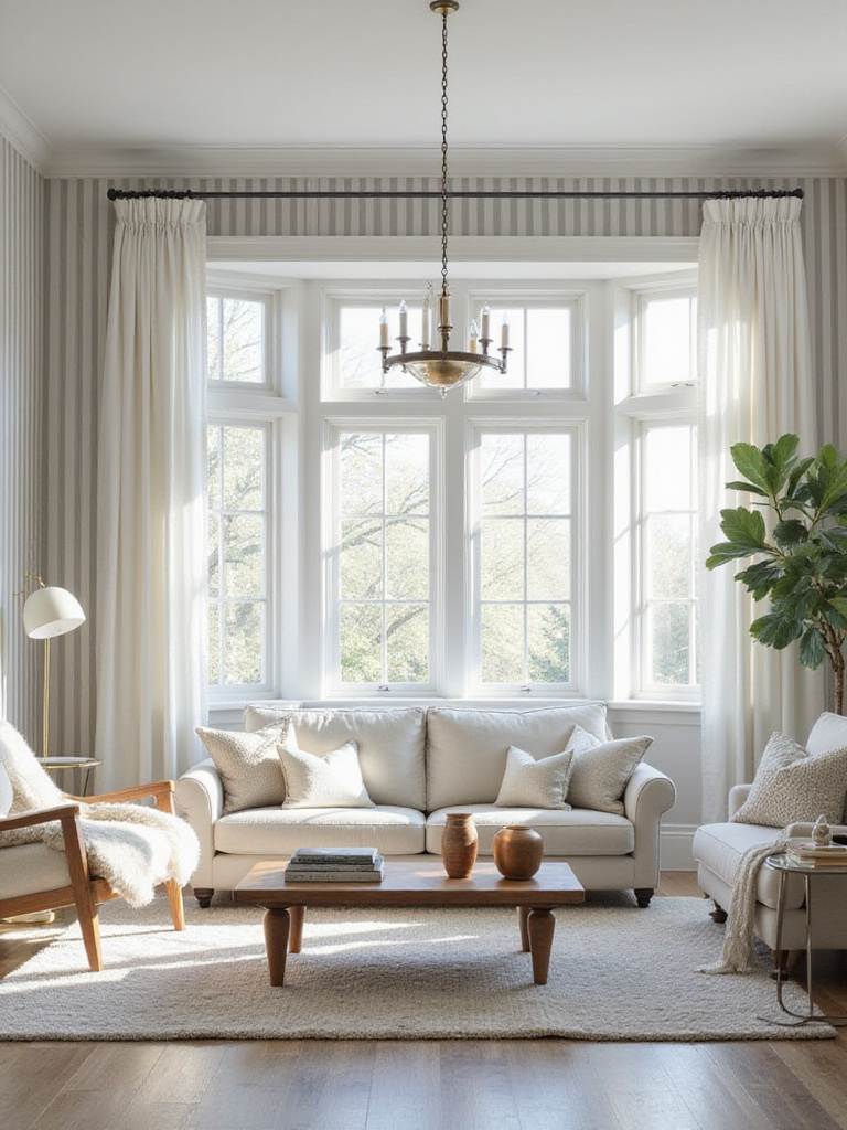 Living room with gray and white striped wallpaper
