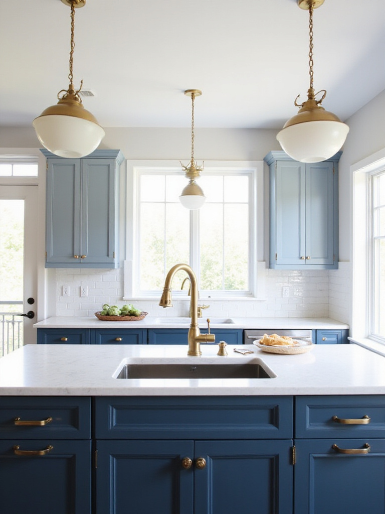 Navy blue kitchen cabinets with brushed gold hardware and faucet.
