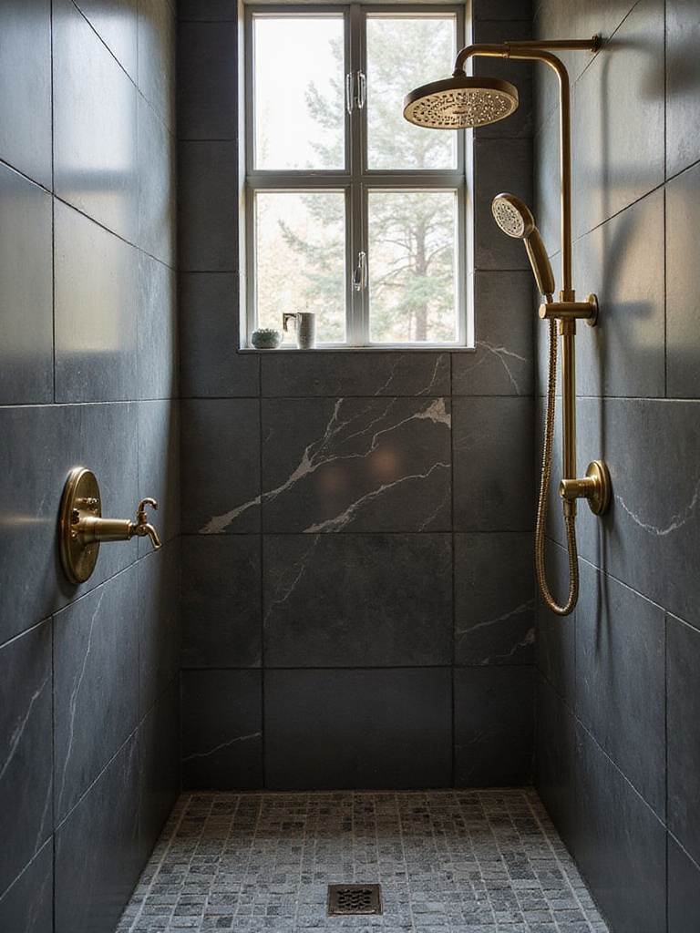 Bathroom shower with satin brass fixtures and dark grey marble tiles.