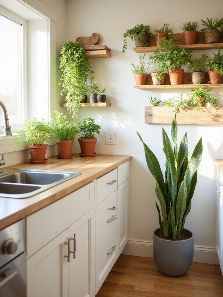 Modern kitchen interior with indoor plants and herb garden.