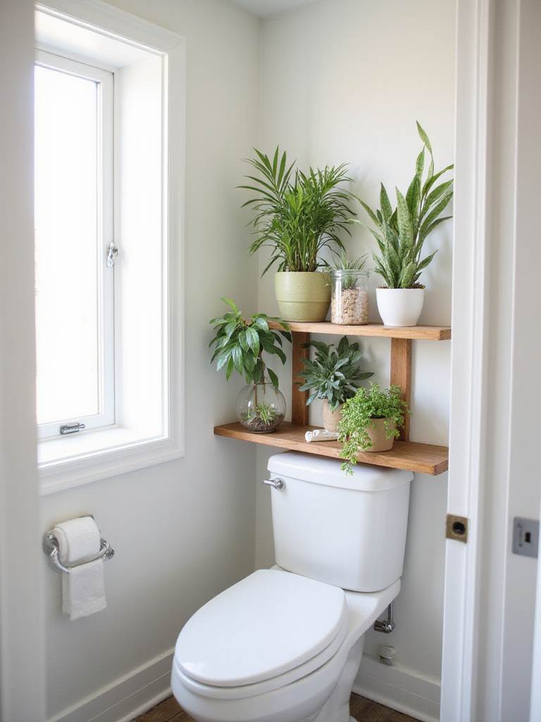 Over-toilet bathroom shelf with various potted plants creating a green oasis.