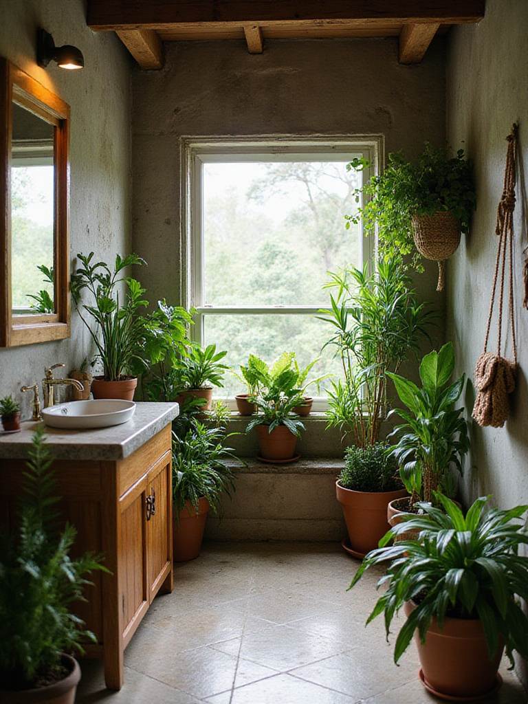 Rustic bathroom design featuring green plants for a natural and calming atmosphere