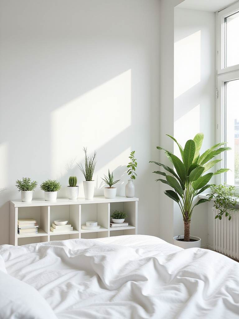 White bedroom with green plants in white pots, creating a serene and natural atmosphere.
