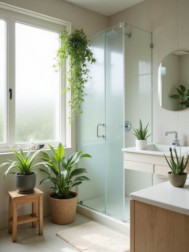 Bathroom renovation with low-maintenance plants adding greenery and freshness