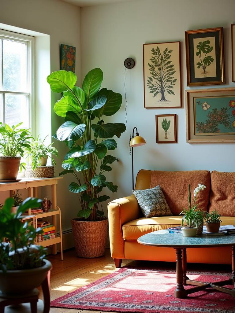Eclectic living room with lush indoor plants and botanical accents.