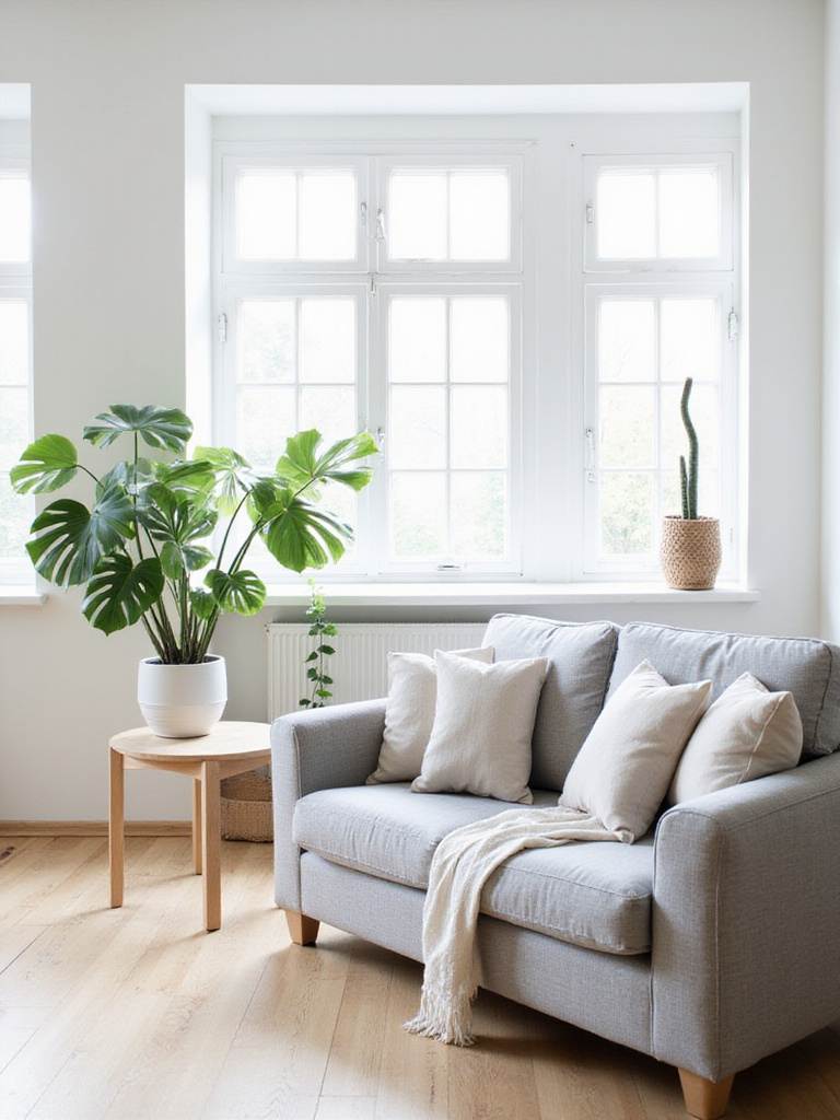 Scandinavian living room with plants adding a touch of nature.