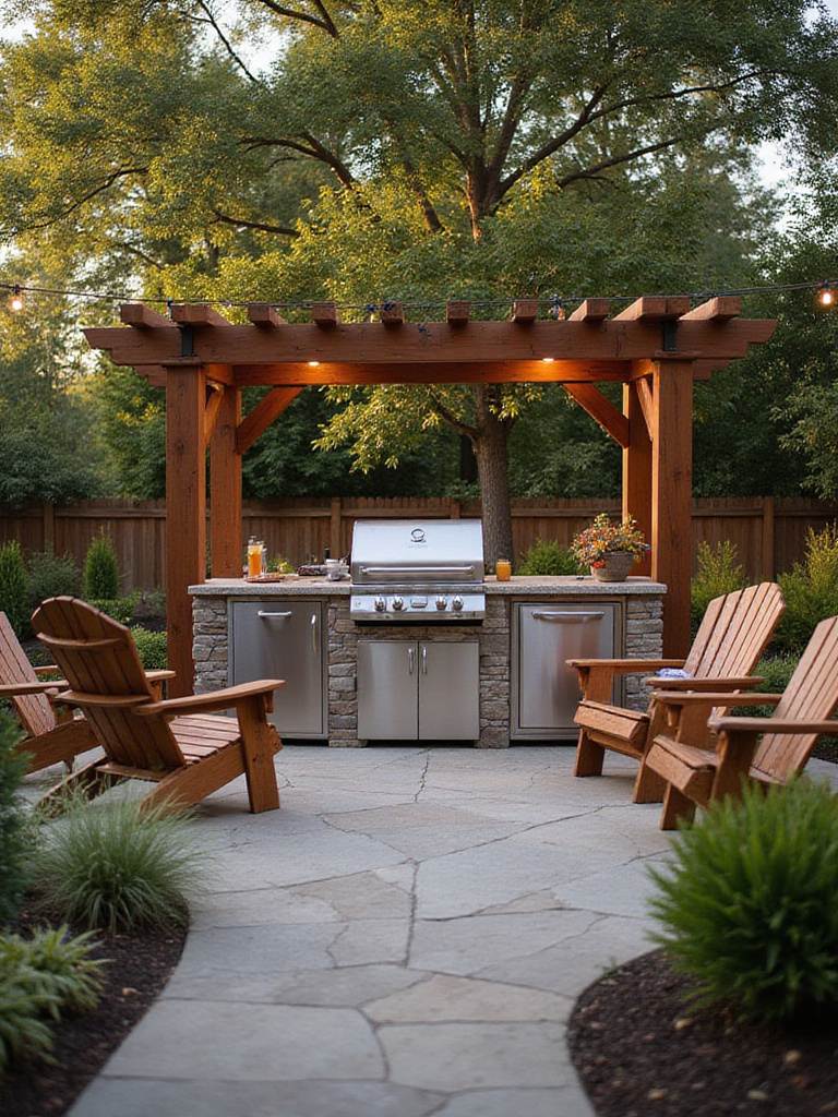 Backyard BBQ zone with stainless steel grill, granite countertop, pergola, and comfortable seating.