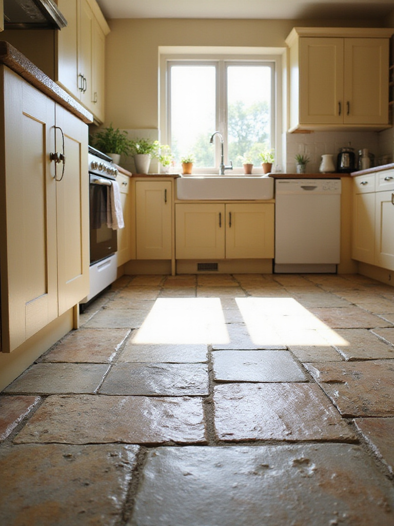 Cottage kitchen with natural flagstone flooring.