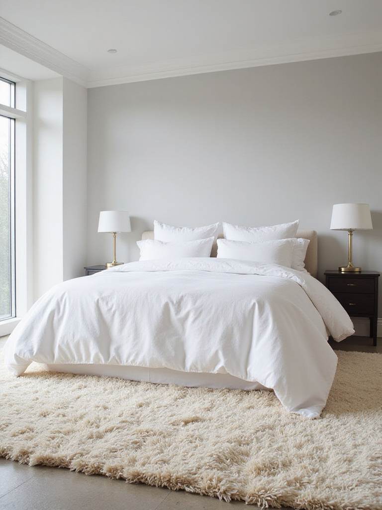 Master bedroom with a king-size bed and a large, plush shag rug.