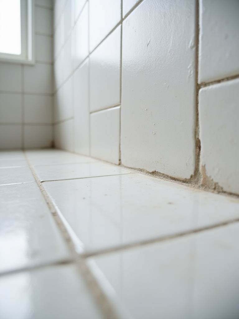 Before and after comparison of dirty and clean grout in a bathroom.