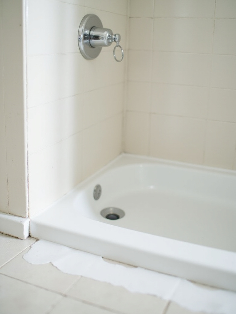 Freshly caulked and grouted shower stall showing clean white caulk and grout lines.