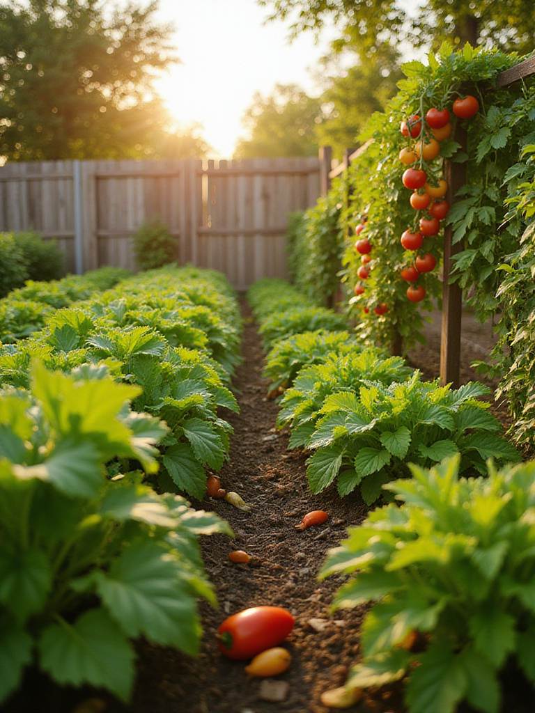 Thriving vegetable garden with tomatoes, peppers, and leafy greens growing in neat rows.