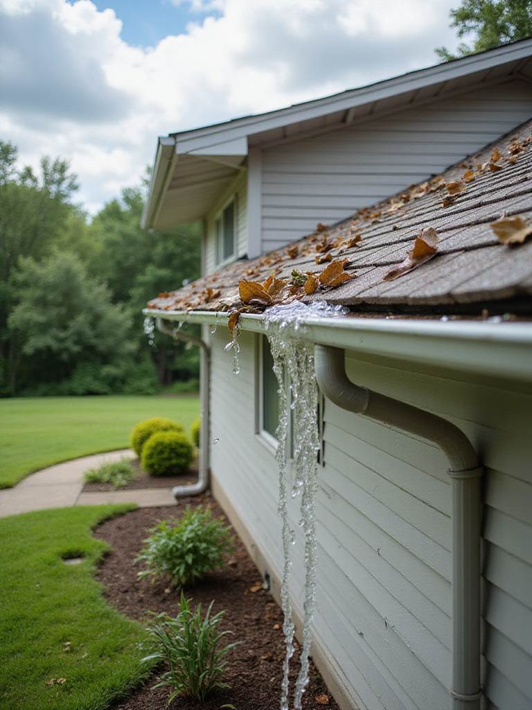 Clogged gutters overflowing with water, causing damage to a home's siding and lawn.