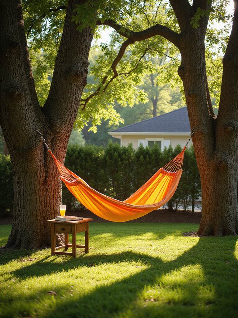 Cozy fabric hammock hanging between trees in a tranquil backyard oasis