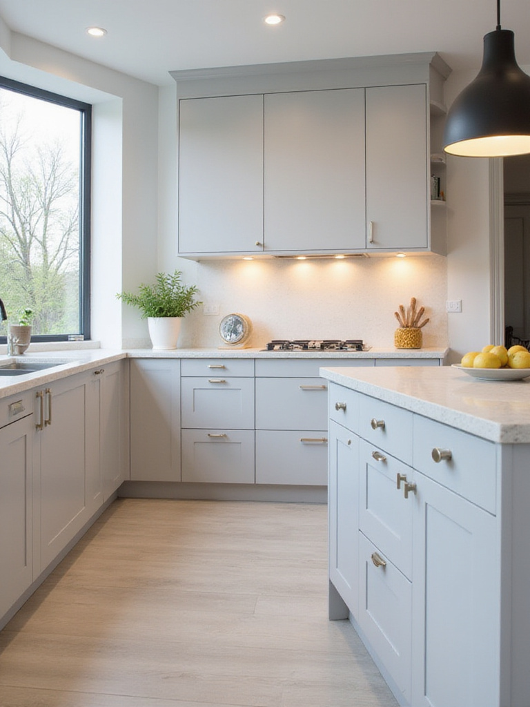 Modern kitchen with sleek, handleless light gray cabinets and light quartz countertops.