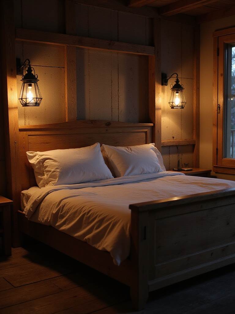 Farmhouse bedroom with wrought iron lanterns providing warm, ambient lighting.