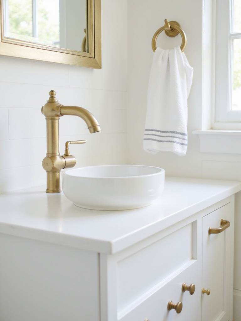Modern bathroom vanity with brushed brass faucet and cabinet pulls.