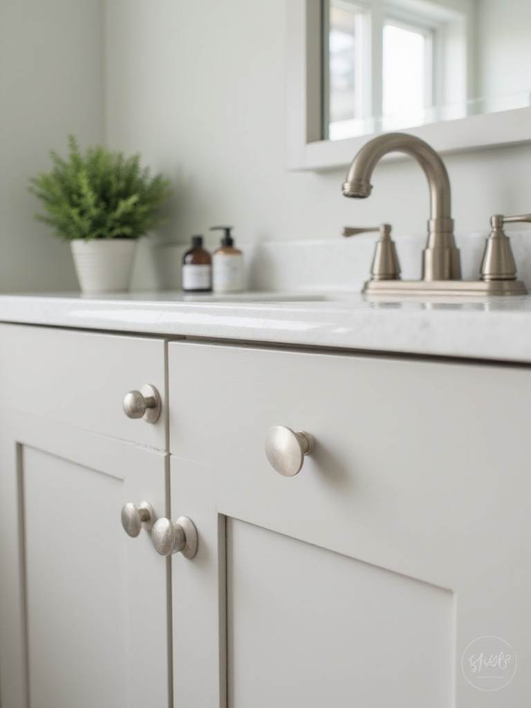 Updated brushed nickel cabinet hardware and modern faucet on a bathroom vanity.